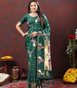 Dashing Green Soft Paithani Silk Blend Saree With Gold Zari Weaving Motifs And Rich Zari Weaving Pallu