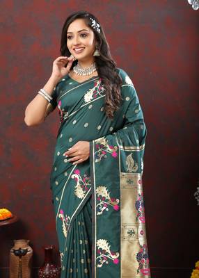 Dashing Green Soft Paithani Silk Blend Saree With Gold Zari Weaving Motifs And Rich Zari Weaving Pallu 2