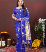 Royal Blue Soft Paithani Silk Blend Saree With Gold Zari Weaving Motifs And Rich Zari Weaving Pallu
