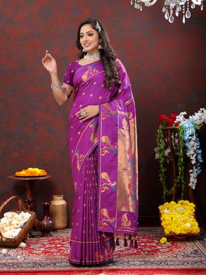 Adorable Violet Soft Paithani Silk Blend Saree With Copper Zari Weaving Motifs And Rich Zari Weaving Pallu 1