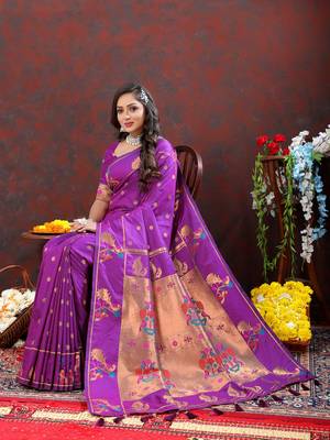 Adorable Violet Soft Paithani Silk Blend Saree With Copper Zari Weaving Motifs And Rich Zari Weaving Pallu 2