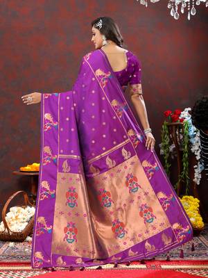 Adorable Violet Soft Paithani Silk Blend Saree With Copper Zari Weaving Motifs And Rich Zari Weaving Pallu 3