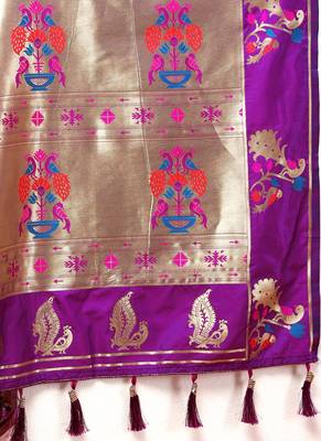 Adorable Violet Soft Paithani Silk Blend Saree With Copper Zari Weaving Motifs And Rich Zari Weaving Pallu 5