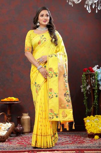 Dashing Yellow Soft Paithani Silk Blend Saree With Copper Zari Weaving Motifs And Rich Zari Weaving Pallu