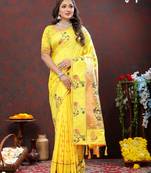 Dashing Yellow Soft Paithani Silk Blend Saree With Copper Zari Weaving Motifs And Rich Zari Weaving Pallu