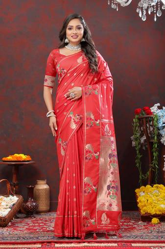 Lovely Red Soft Paithani Silk Blend Saree With Copper Zari Weaving Motifs And Rich Zari Weaving Pallu