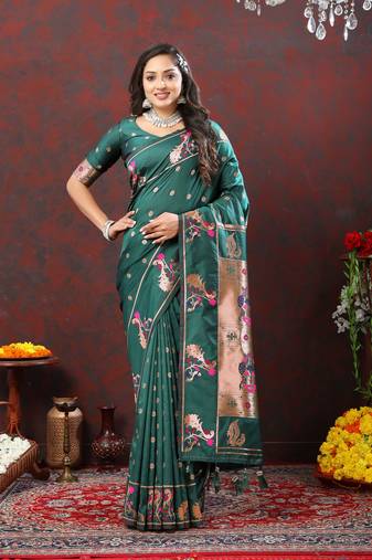 Beautiful Green Soft Paithani Silk Blend Saree With Copper Zari Weaving Motifs And Rich Zari Weaving Pallu