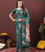 Beautiful Green Soft Paithani Silk Blend Saree With Copper Zari Weaving Motifs And Rich Zari Weaving Pallu