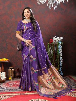 Beautiful Blue Soft Paithani Silk Blend Saree With Copper Zari Weaving Motifs And Rich Zari Weaving Pallu 1