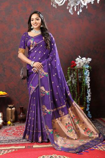 Beautiful Blue Soft Paithani Silk Blend Saree With Copper Zari Weaving Motifs And Rich Zari Weaving Pallu