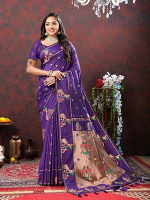 Beautiful Blue Soft Paithani Silk Blend Saree With Copper Zari Weaving Motifs And Rich Zari Weaving Pallu 2