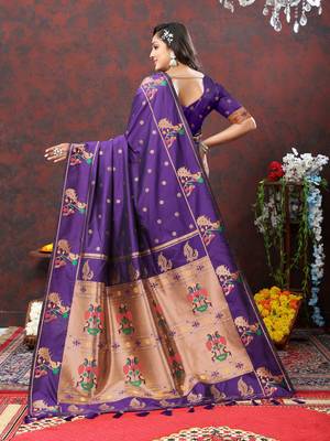 Beautiful Blue Soft Paithani Silk Blend Saree With Copper Zari Weaving Motifs And Rich Zari Weaving Pallu 3