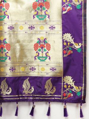 Beautiful Blue Soft Paithani Silk Blend Saree With Copper Zari Weaving Motifs And Rich Zari Weaving Pallu 5