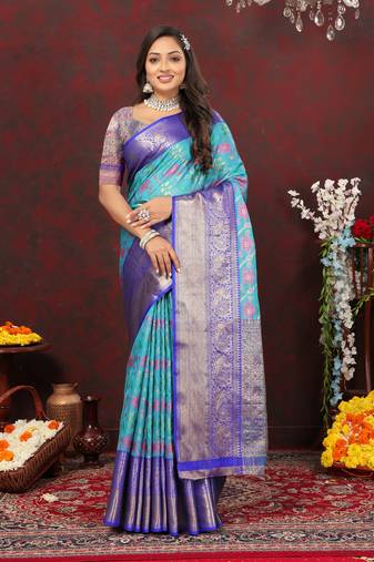 Charming Blue Soft Cotton With Meenakari Weaving Design And Rich Zari Weaving Pallu With Contrast Border