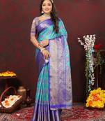 Charming Blue Soft Cotton With Meenakari Weaving Design And Rich Zari Weaving Pallu With Contrast Border