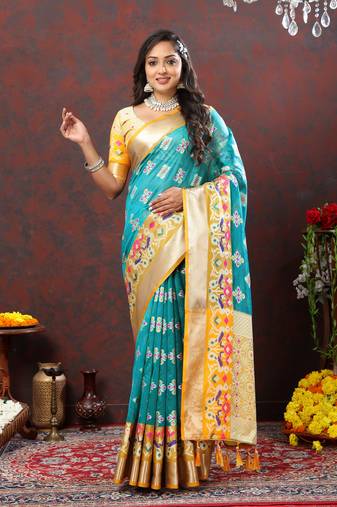 Beautiful Blue Soft Organza Silk With Meenakari Weaving Design And Zari Weaving Pallu With Contrast Border