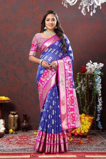 Charming Blue Soft Organza Silk With Meenakari Weaving Design And Zari Weaving Pallu With Contrast Border