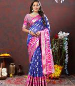 Charming Blue Soft Organza Silk With Meenakari Weaving Design And Zari Weaving Pallu With Contrast Border