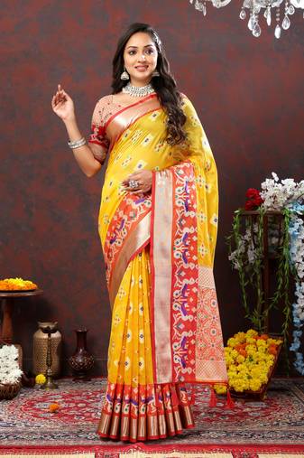 Dashing Yellow Soft Organza Silk With Meenakari Weaving Design And Zari Weaving Pallu With Contrast Border