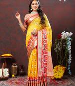 Dashing Yellow Soft Organza Silk With Meenakari Weaving Design And Zari Weaving Pallu With Contrast Border