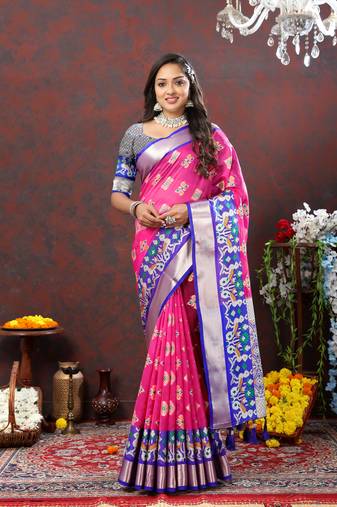 Prettiest Pink Soft Organza Silk With Meenakari Weaving Design And Zari Weaving Pallu With Contrast Border