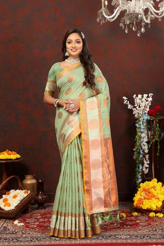 Gorgeous Green Soft Cotton With Zari Weaving Design And Rich Zari Weaving Pallu With Contrast Border
