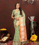 Gorgeous Green Soft Cotton With Zari Weaving Design And Rich Zari Weaving Pallu With Contrast Border