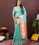 Aqua Blue Soft Cotton With Zari Weaving Design And Rich Zari Weaving Pallu With Contrast Border