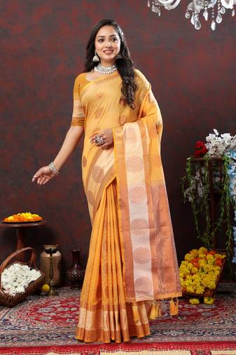 Dashing Mustard Soft Cotton With Zari Weaving Design And Rich Zari Weaving Pallu With Contrast Border