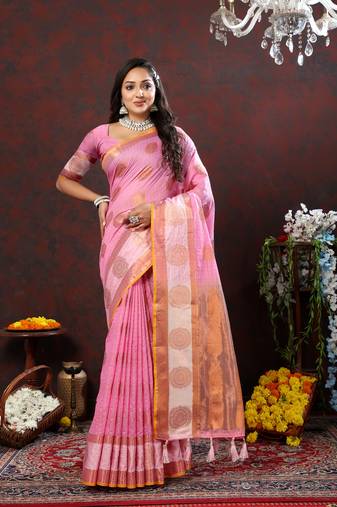 Prettiest Pink Soft Cotton With Zari Weaving Design And Rich Zari Weaving Pallu With Contrast Border