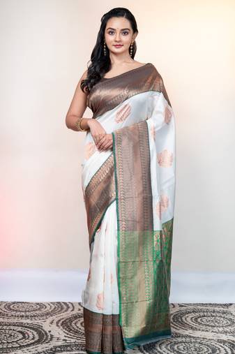 Offwhite banarasi soft silk saree with jacquaed border