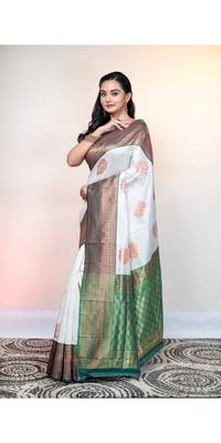 Offwhite banarasi soft silk saree with jacquaed border 2