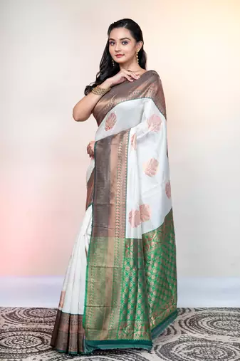 Offwhite banarasi soft silk saree with jacquaed border