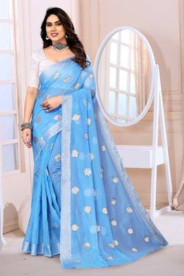 Sky Blue Sequince Embrodery Chanderi Silk Fancy Saree With Blouse 1