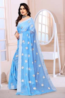 Sky Blue Sequince Embrodery Chanderi Silk Fancy Saree With Blouse 4