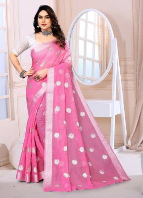 Baby Pink Sequince Embrodery Chanderi Silk Fancy Saree With Blouse 1