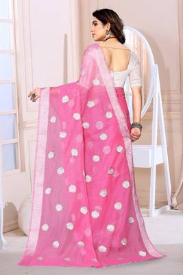 Baby Pink Sequince Embrodery Chanderi Silk Fancy Saree With Blouse 3