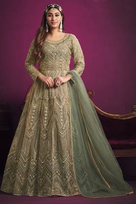 Olive Butterfly Net Embroidered Anarkali Salwar Kameez 1