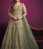 Olive Butterfly Net Embroidered Anarkali Salwar Kameez