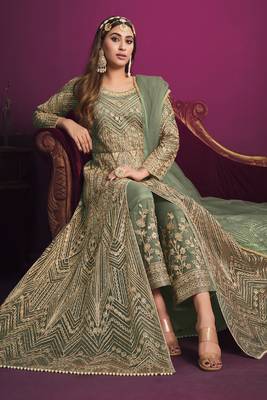 Olive Butterfly Net Embroidered Anarkali Salwar Kameez 2
