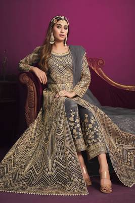 Grey Butterfly Net Embroidered Anarkali Salwar Kameez 2