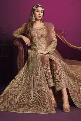 Brown Butterfly Net Embroidered Anarkali Salwar Kameez 2