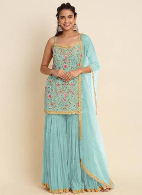 Vasu Georgette Resham Embroidered Aqua Blue Sharara Suit 1