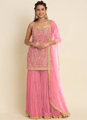 Baby Pink Georgette Floral Sequin Embroidered Gharara 1