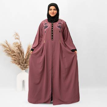 Front Button & Both Side Embroidery Abaya in Pink Color With Hijab 1