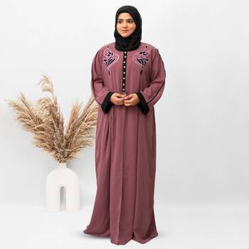 Front Button & Both Side Embroidery Abaya in Pink Color With Hijab 2
