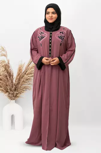 Front Button & Both Side Embroidery Abaya in Pink Color With Hijab