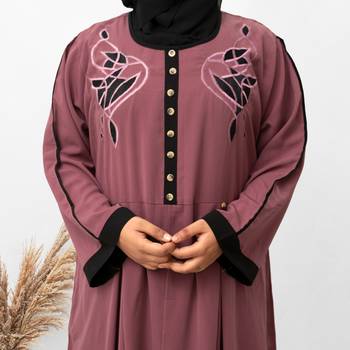 Front Button & Both Side Embroidery Abaya in Pink Color With Hijab 4