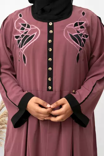 Front Button & Both Side Embroidery Abaya in Pink Color With Hijab