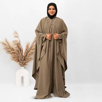 Inner & Upper Embroidery Abaya In Beige Color With Hijab 1